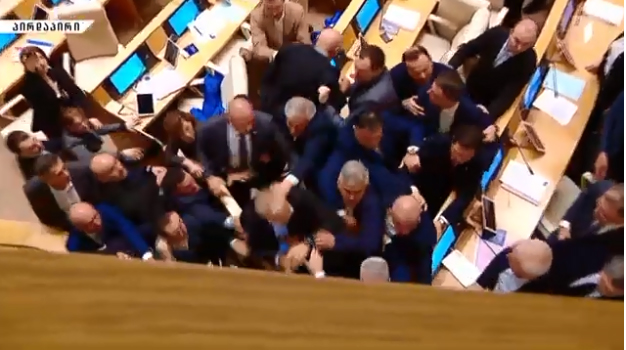 Gürcüstan parlamentində xaos - Dava düşdü -  VİDEO